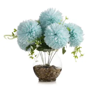 Enova Floral 13" Silk Marigold Flowers in Glass Vase with Faux Water and River Stone