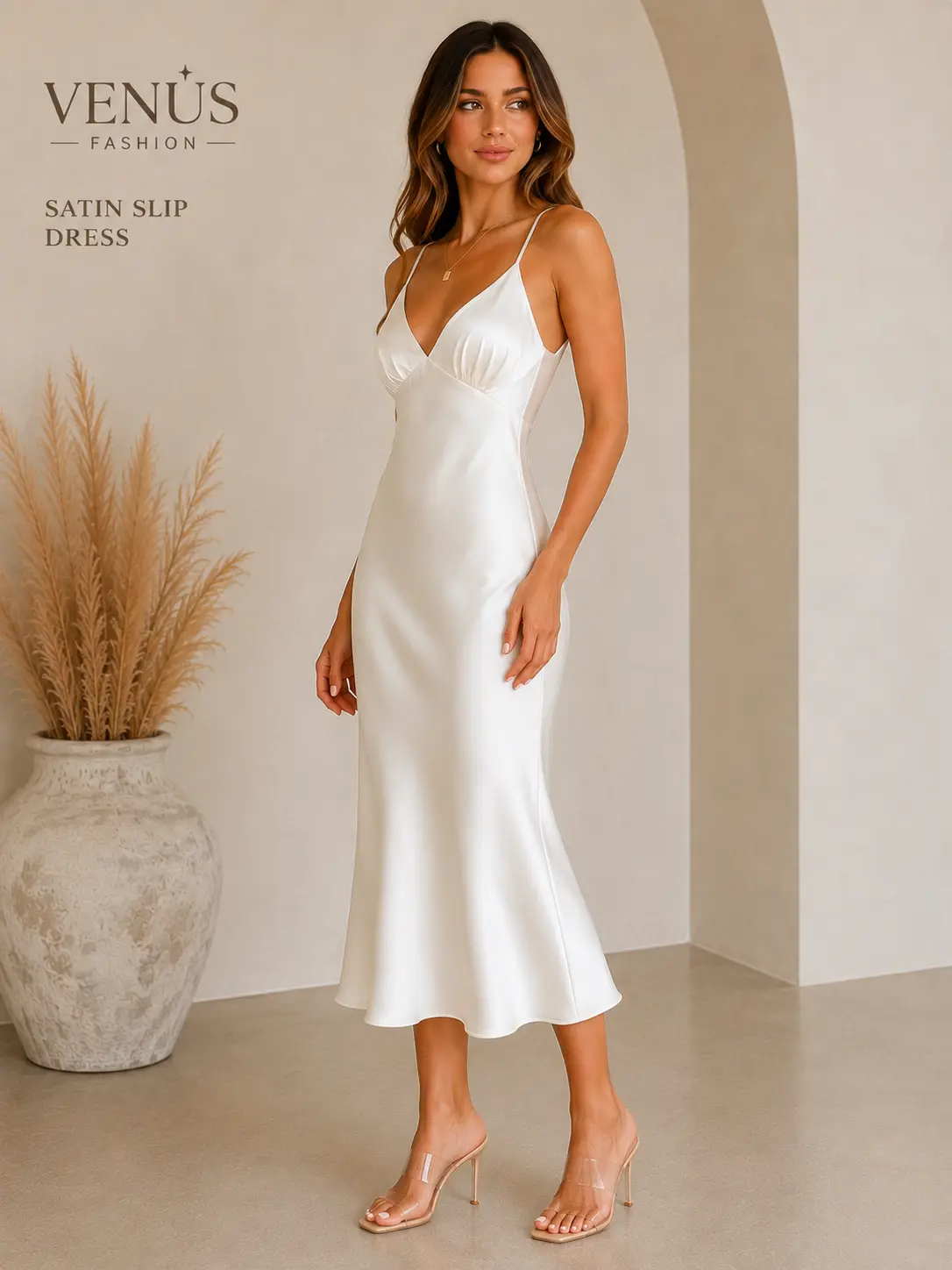 Venus Fashion Satin Slip Dress - Elegant White Midi Dress with Thin Straps and V-Neckline for Women