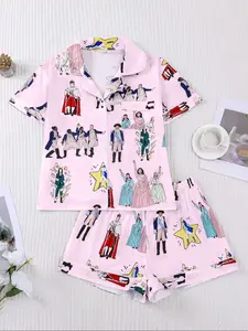 Women's Hamilton Musical Printed Sleepwear Set, Pajama Set, Short Sleeve Button-Up Top & Elastic Shorts, Casual Home Wear for All Seasons