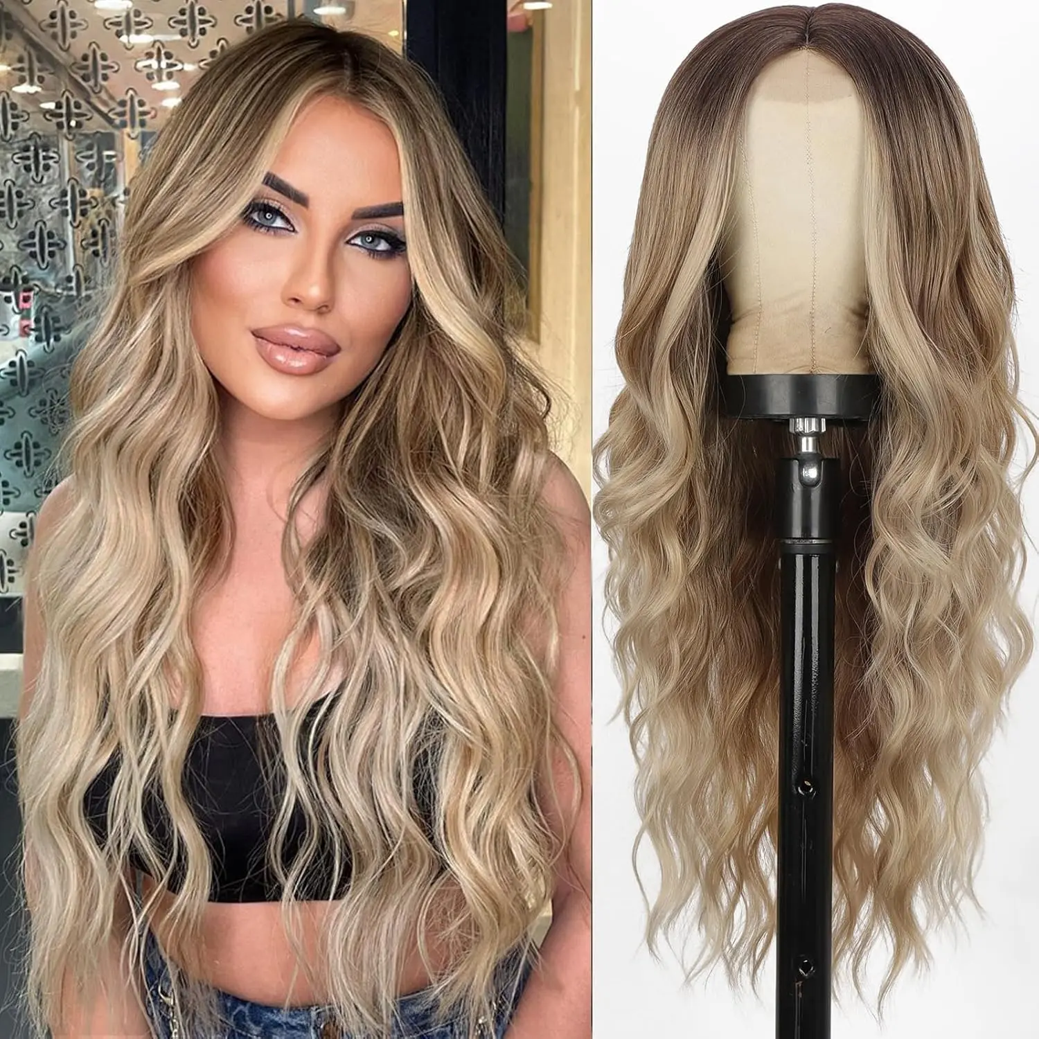 Outdoorfun Ombre Blonde Wigs for Women, Long Blonde Wavy Wig 26 Inch Middle Part Natural Looking Synthetic Heat Resistant Wig for Daily Party Use
