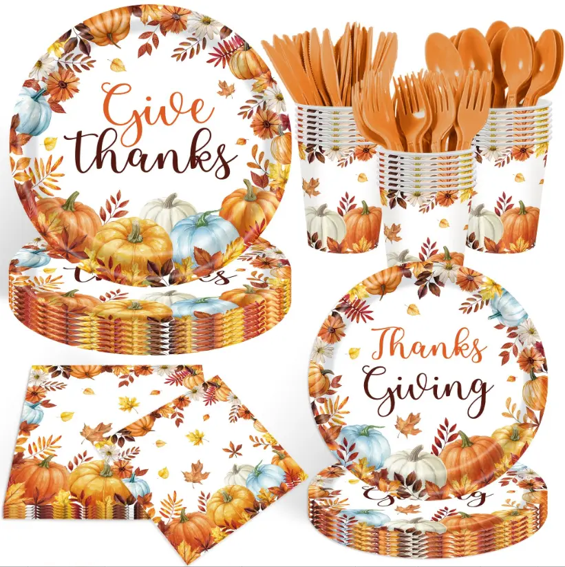 Fall Pumpkin Thanksgiving Disposable Tableware 20‑Guest Party Kit Autumn Harvest Maple Leaf Disposable Dinnerware Set For Holiday Gathering