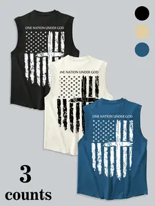 Men's Summer Tank Top 3-Pack, Casual Round Neck, Usa Flag Print, Comfortable, Breathable and Stylish, Perfect for Daily Wear