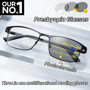 Men's Square Metal Frame Three in One Multifunctional Reading Glasses for Women Long Medium Short Distance Anti Blue Light +1.0 to +4.0 Polycarbonate Lens Unisex Adult Full Rim Flat Top