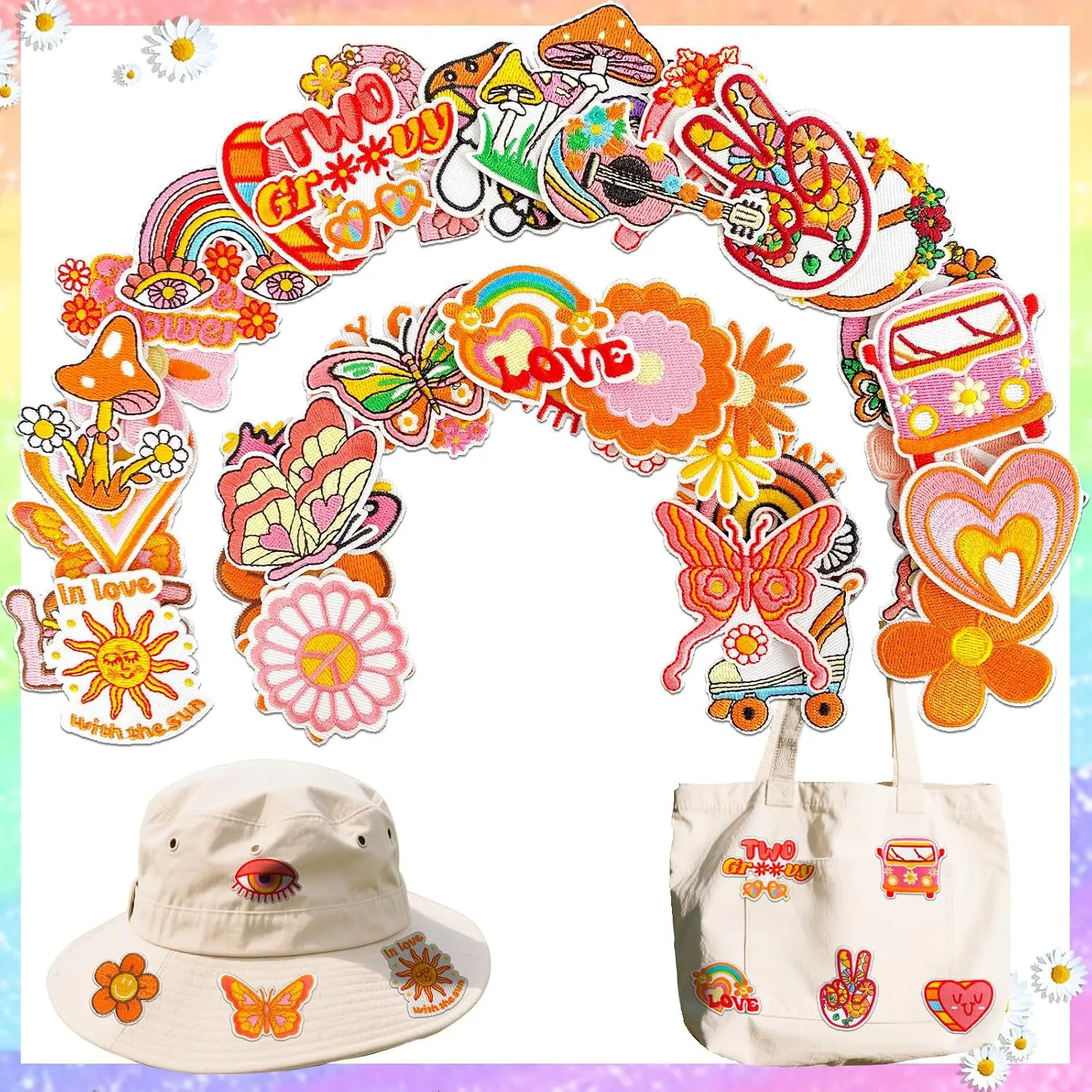 40PCS Hippie Embroidered Boho Iron-On Fabric Patches for Girls, Sewing Supplies for Clothing, Hats, Backpacks
