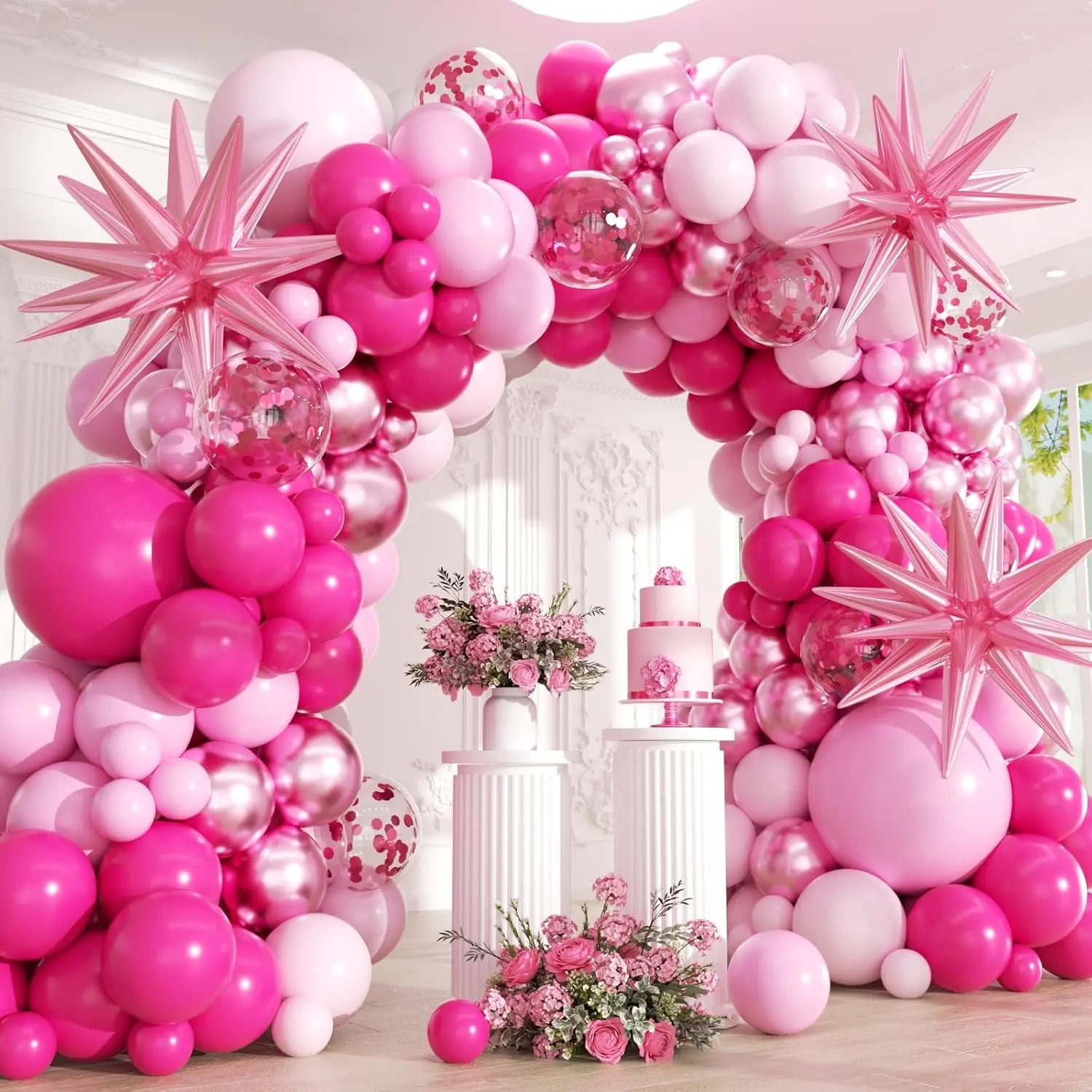 Pink Balloon Arch with Star Decorations for Weddings and Parties