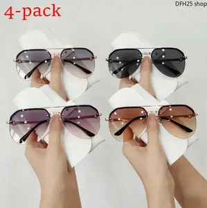 4-Pack Metal Half-Rim Sunglasses, Classic Bibeam Style, Lightweight Unisex Eyewear for Men Women, Outdoor Retro UV Protection Rimless Sun Glasses