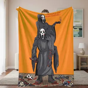 Couple Ghost Mask Flannel Blanket Horror Movie Art Print Design Soft Warm Plush Throw Cozy Decorative Home Blanket Perfect for Halloween Party Bedroom Decor Movie Night Unique Gift for Fans