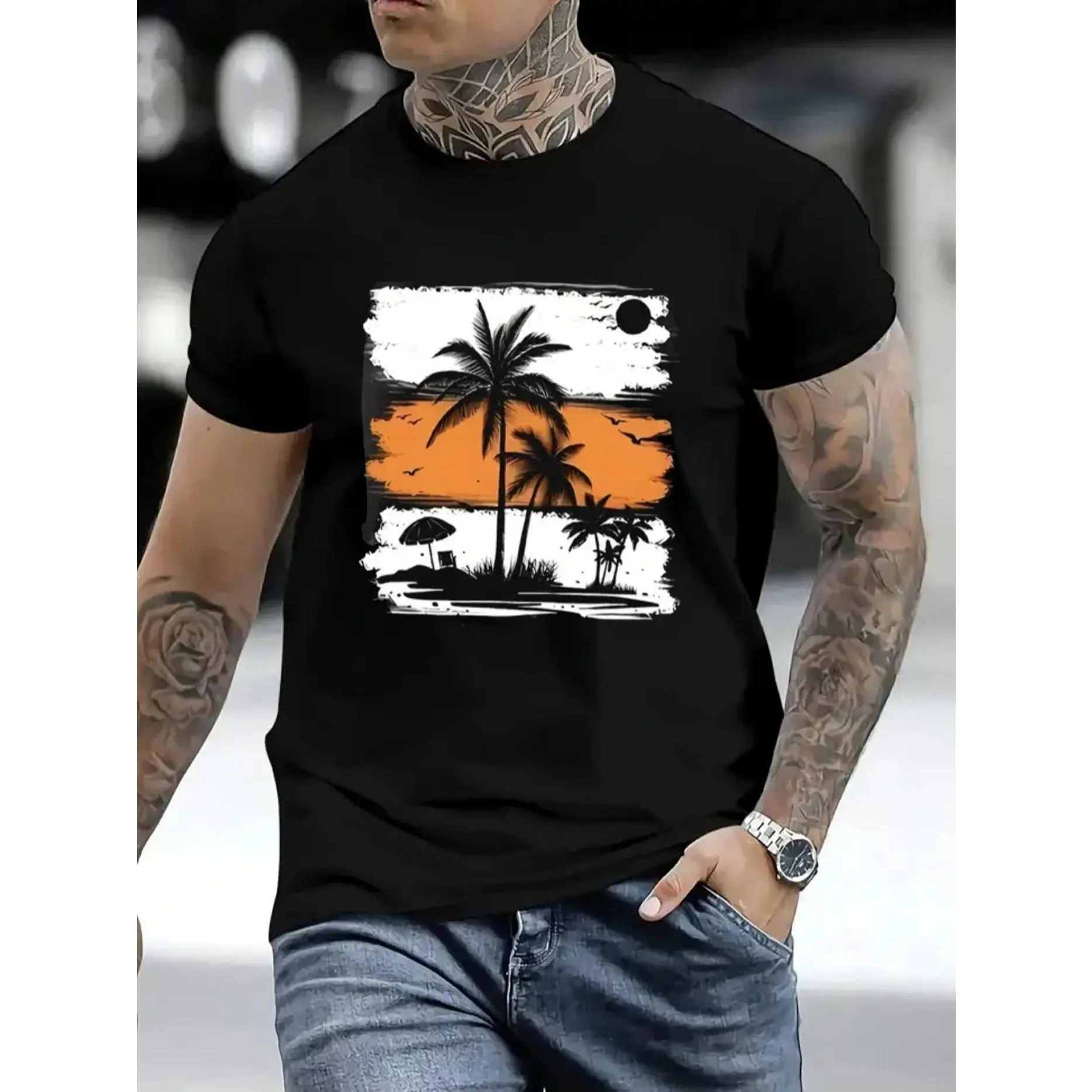 Palm tree Graphic Print T-Shirt For Men Casual Short Sleeve Tee 1 Pcs  Heavy Cotton - Comfortable Crew Neck, Soft Adorable Tees Tops