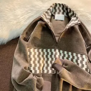 American Stitching Waffle Stand Collar Sweater Men Knit Knitwear