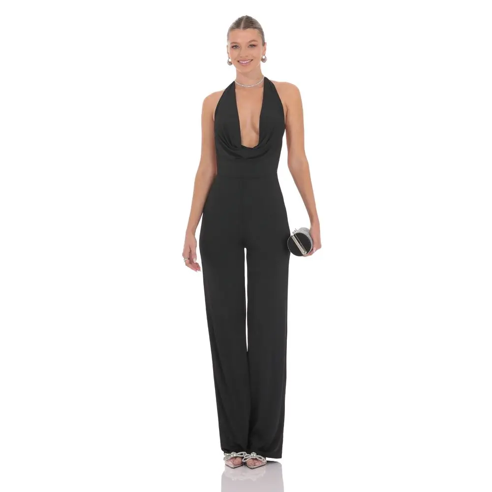 Halter Plunge Neck Jumpsuit in Black