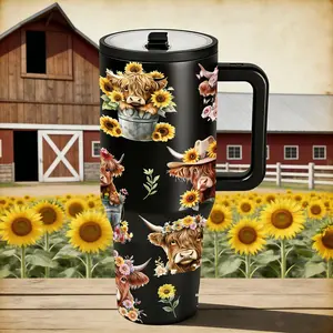 1 Pc 40oz Insulated Mug, Tumbler, Sunflower Highland Cow Farm Style Thermal Mug, Double Wall Vacuum Mug with Straw Lid and Handle, Keeps Hot 12 Hours, Cold 24 Hours, Large Capacity Car Cup for Hot Cold Drinks, Country Gift for Women Men Daily Use