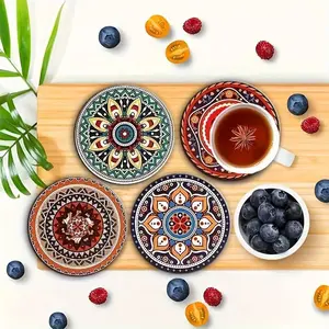 Boho Style Wooden Coaster, Round Coaster, 8 Counts/set Heat Resistant Non-slip Coffee Cup Mat, Decorative Coaster for Home Kitchen Dining Room