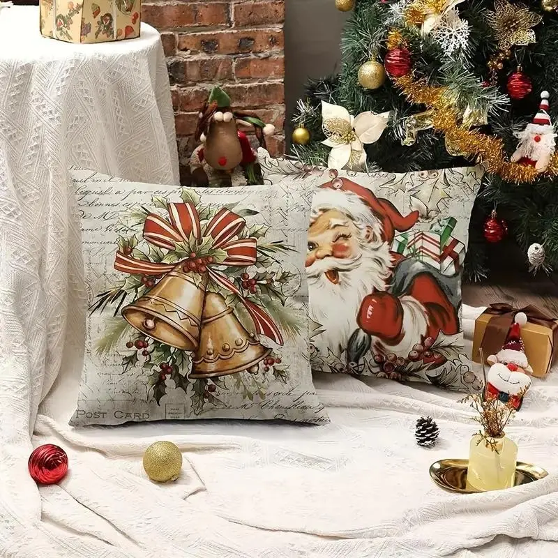 4 Piece Vintage Christmas Linen Pillowcase Set, Santa Claus Reindeer Bell Design, Zip Closure, Perfect for Sofa and Home Decor