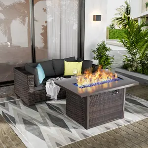3-Piece Patio Furniture Set with Fire Pit Table, All-Weather PE Rattan Outdoor Sectional Sofa Couch with Non-Slip Cushions and Fire Pit Table for Garden, Poolside, Backyard Summer Vibes