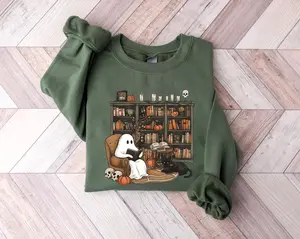 Retro Cozy Ghost Reading Halloween Sweatshirt - Librarian Ghost Halloween Sweater, Halloween Teacher Sweatshirt, Full Color, For Men, For Women, Casual, Classic, Fashion