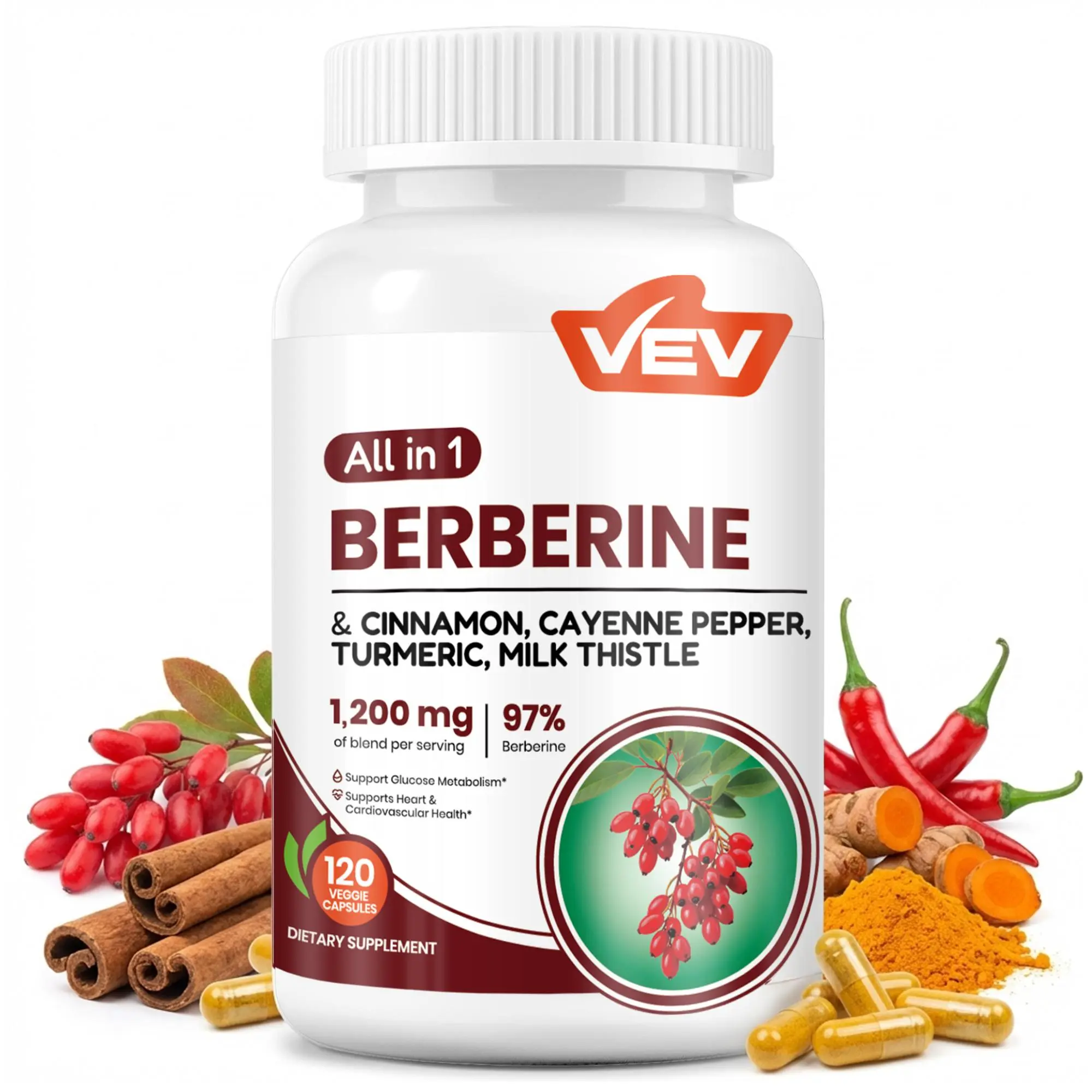 VEV Berberine Complex Supplement with Botanical Extracts, Ceylon Cinnamon & Turmeric – 120 Vegan Capsules