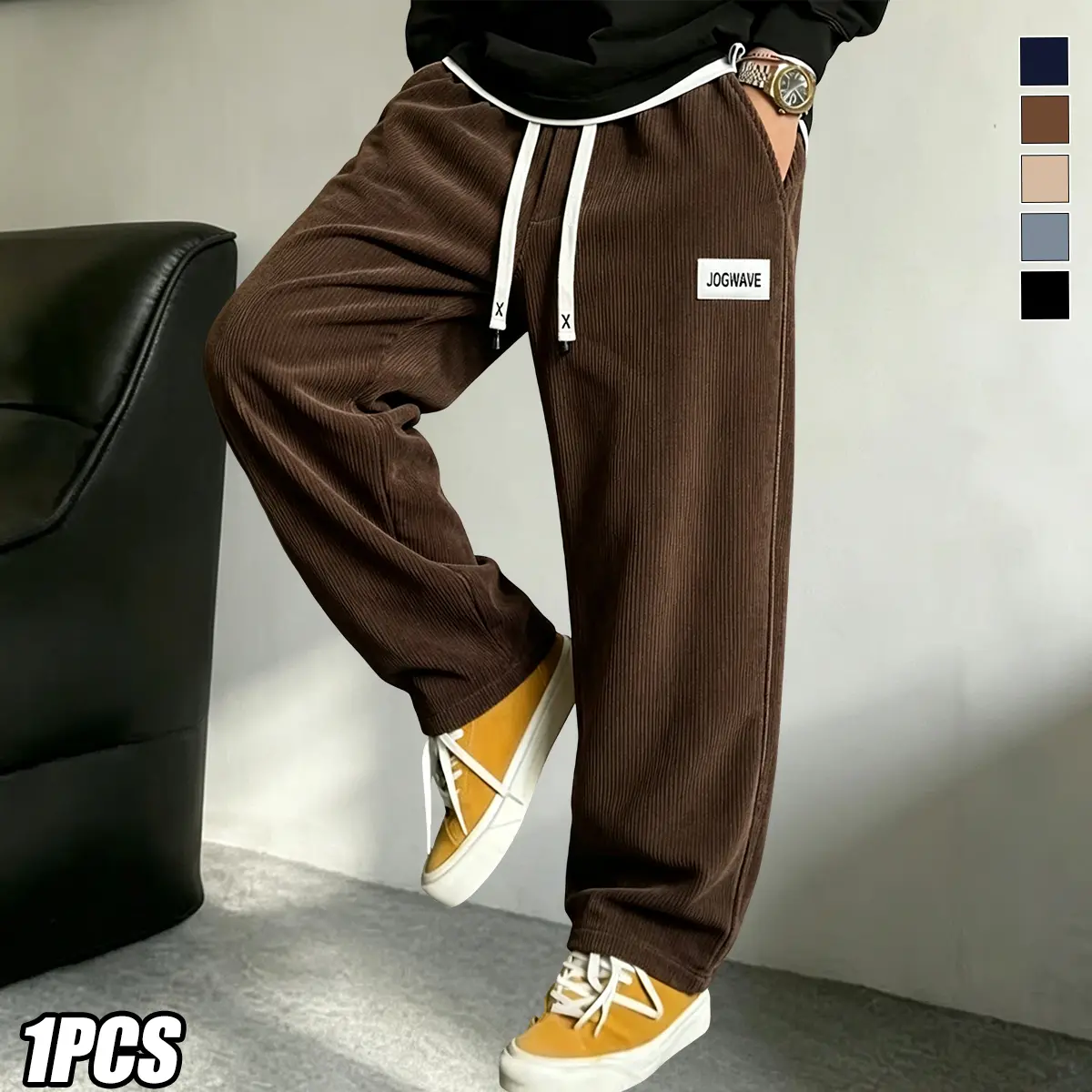 Men’s corduroy casual pants – new straight-leg design with a fluid drape; loose wide-leg athletic pants featuring side pockets; available in multiple colors with a vintage texture; suitable for everyday outfits; machine washable.