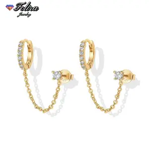 Women's Double Pierced Pendant Chain Earrings | Women's Cubic Zirconia Stud Earrings
