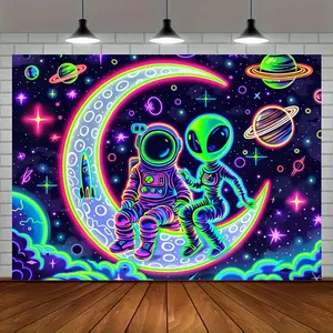 UV Black Light Reactive Astronaut & Alien Tapestry - Neon Space Stars, Moon & Planets Wall Hanging for Bedroom, Office Decor - Indoor/Outdoor Use,  Banner, Decoration 60X40
