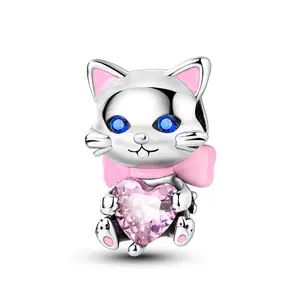 MULA Cute cat holding pink heart beads, made of S925 Silver-plated with CZ and enamel - can be used with Pandora bracelets and necklaces, perfect gift for girls, teens, women