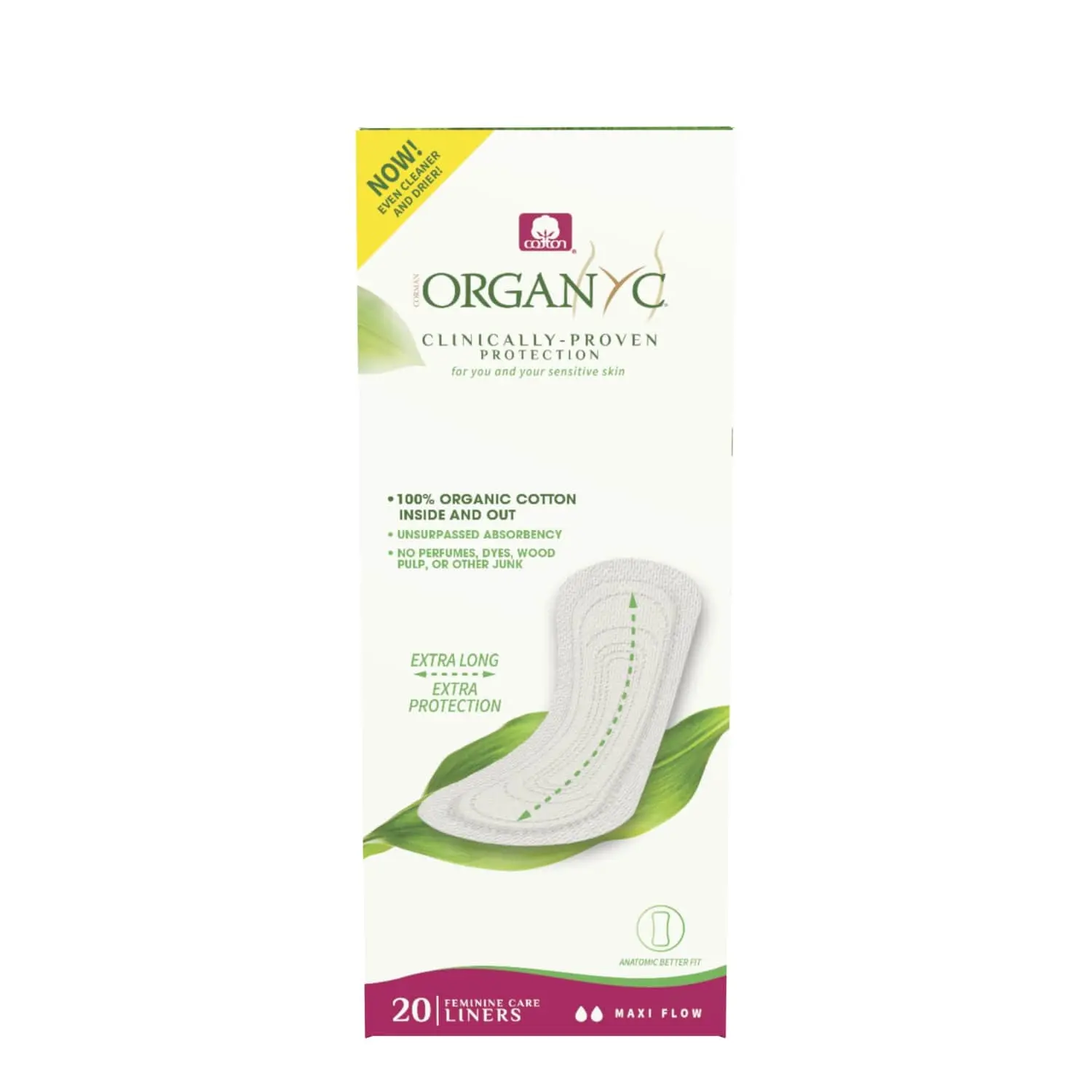 Organyc 100% Certified Organic Cotton Flat Panty Liner - Sensitive Skin Friendly, Inside and Out Design, Maxi Flow Everyday Feminine Care, 20 Count