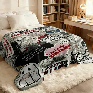 Dark Romance Era Flennel Sofa Blanket, Book Lovers Eclusive "I Prefer Villains"  Atmosphere Throw Blanket, Ghost Reader Design Gothic Home Soft Plush Blanket Decor, Suitable for Nap/Office/Air-conditioned Room