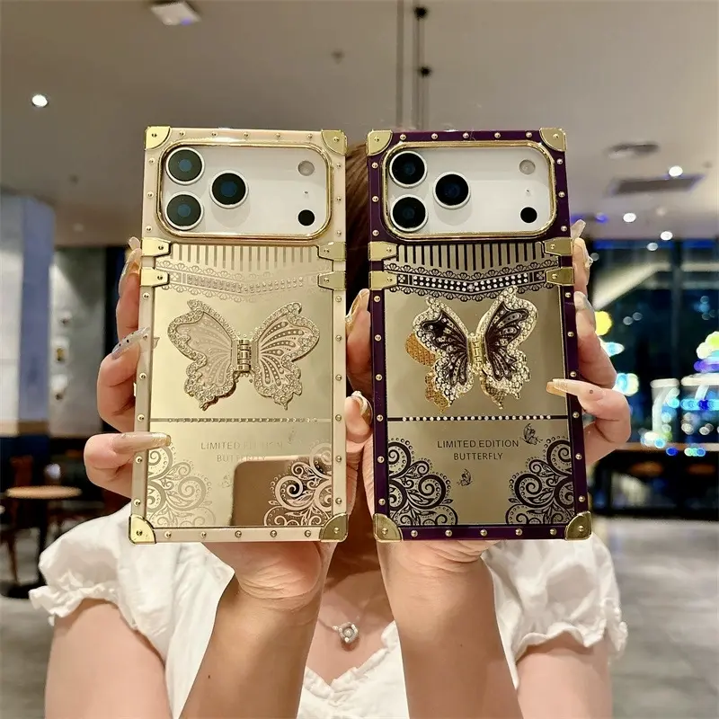 Compatible with iPhone 17 Pro Max/ 16/15/14/13/12 electroplated butterfly stand protective case square mirror phone case-HN424-1