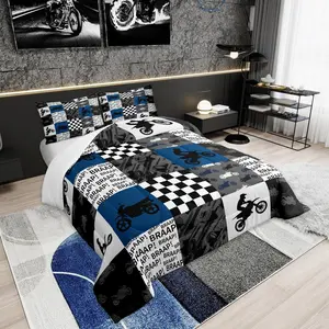 Feelyou Motocross Theme Bedding Set - Black, Grey, Blue Polyester Fiber U-Stitching Comforter, Racing Motif Multi-Size Patchwork Grid Quilt for Boys, Travel-Ready Bedroom Decor