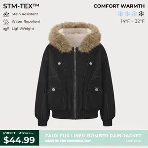 PUFFIT STM-TEX Faux Fur Lined Waterproof Bomber Jacket With Faux Fur Collar Hood,Elegant And Sophisticated,Enhances Warmth, Providing A Soft,Beautiful And Warm, Offering Both Style And Practicality,Y2K Style