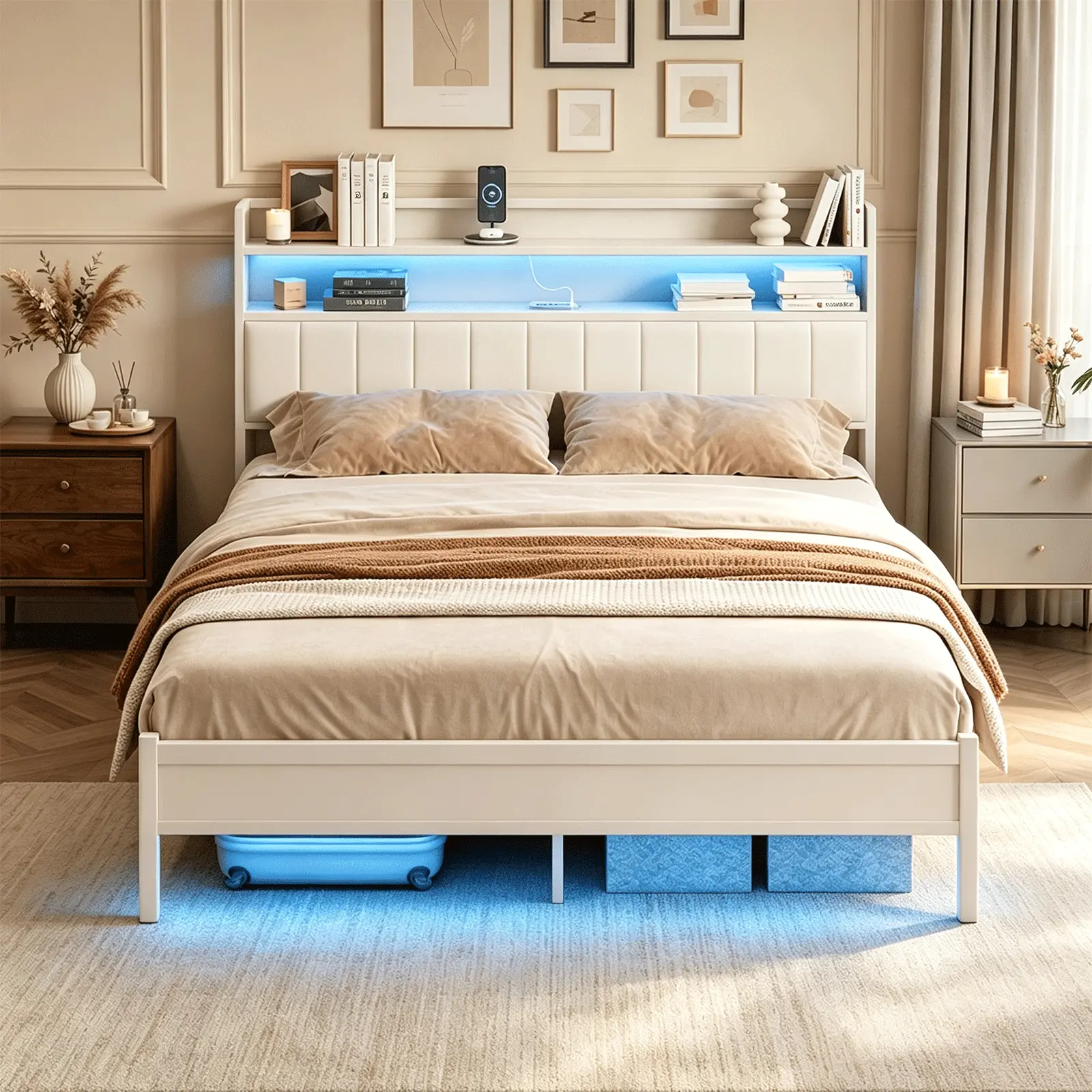 King Size Bed Frame with Smart LED Lights, Storage Headboard with USB Charging Station, Metal Platform Bed Noise Free, Easy Assembly, No Box Spring Needed queen strong  slat Twin XL Corner