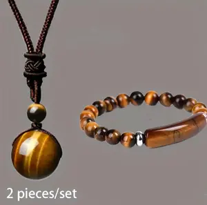 2pcs 16mm Natural Tiger's Eye Stone Jewelry Set - Adjustable Cord Necklace & Matching Bracelet with Marbled Brown & Golden Gemstones Unisex Elegant Gift for Men Women Valentine's Day Birthdays Anniversaries Durable Casual Attire
