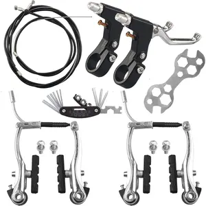 Complete Universal MTB Bike Brakes Set Front Rear with Inner Outer Callipers Cables Lever Kit Multi-Tool Wrenches Silver