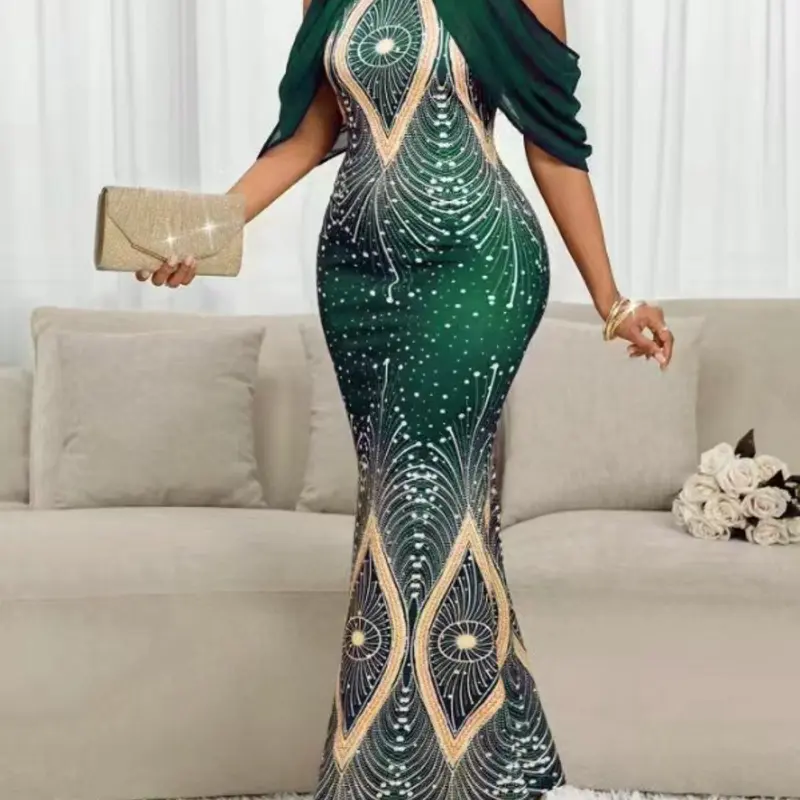 Rhinestone Mermaid Long Dress, Women's Halter Cold Shoulder Chiffon Cape Sleeve Bodycon Evening Gown, Formal Party Wedding Guest Dress, Wedding Guest Wear
