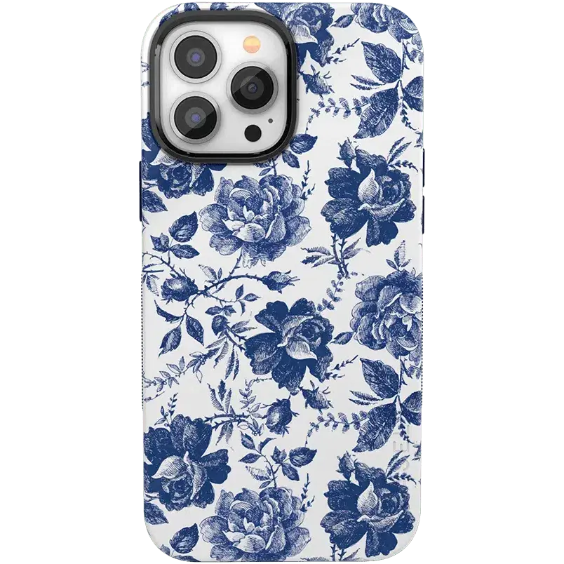 Casely iPhone 14 Pro Max Case | Rose to Fame | Blue & White Floral | Bold Protective Design | Compatible with MagSafe