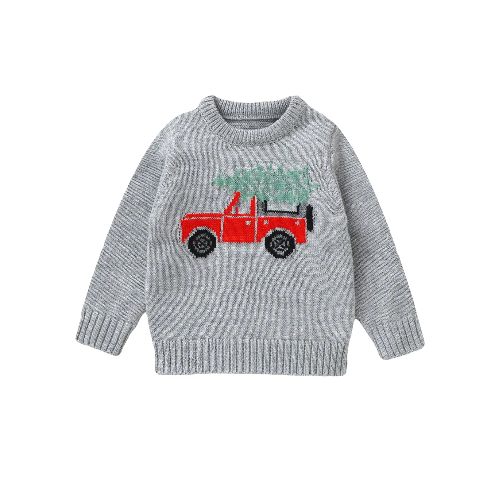 Kids Toddler Christmas Sweater Boys Girls Christmas Tree & Truck Embroidery Long Sleeve Knit Sweater Pullover Sweatshirt Top