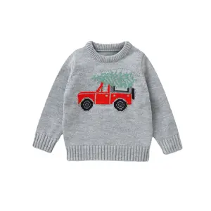 Kids Toddler Christmas Sweater Boys Girls Christmas Tree & Truck Embroidery Long Sleeve Knit Sweater Pullover Sweatshirt Top