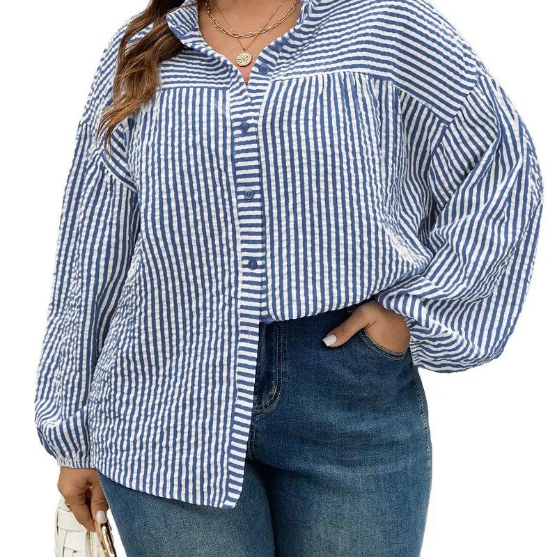 Eytino Women Plus Size Tops Puff Long Sleeve V Neck Striped Button Down Shirts Dressy Casual Business Work Blouses(1X-5X)
