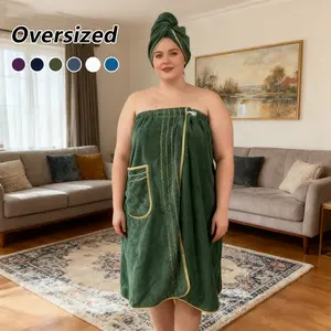 Plus Size Shower Wrap + Hair Towel Set. Adjustable design, sizes M-XXXXL. Ultra soft & comfy, perfect for bath, spa and daily use for all ladies.