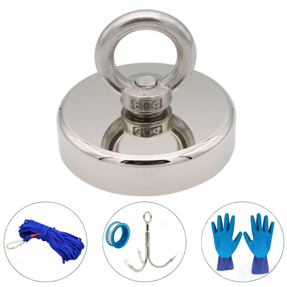 N42 Neodymium Fishing Magnet 675LB Pull Force 75mm Diameter Heavy Duty Lifting Magnet with 20M Rope Grappling Hook Complete Kit for Underwater Salvage Treasure Hunting