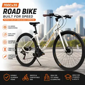 Elon 700C Road Bike 21 Speed Commuter Bicycle with Disc Brakes, Aluminum Alloy Wheels, and Wide 35C Tires.Ideal City Urban Bike for College Students, Daily Transit, Gravel Paths, and Adult Men Women Fitness Cycling Gear.