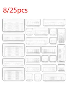 25/8 Pcs Clear Drawer Organizer Set, 4 Sizes for Every Drawer in Your Home – Plastic Trays for Makeup Kitchen Office and Bathroom, Stackable Bins That Instantly Tame the Messiest Drawers