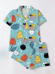 Cute Cat Sleepwear Set, Loungewear, Mint Blue Cardboard Cat Print Pajamas, Short Sleeve T-Shirt and Shorts Two-Piece, Casual Home Wear