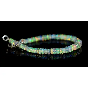 925 Sterling Silver Natural Ethiopian Opal Gemstone Beads 7"Bracelet F1730