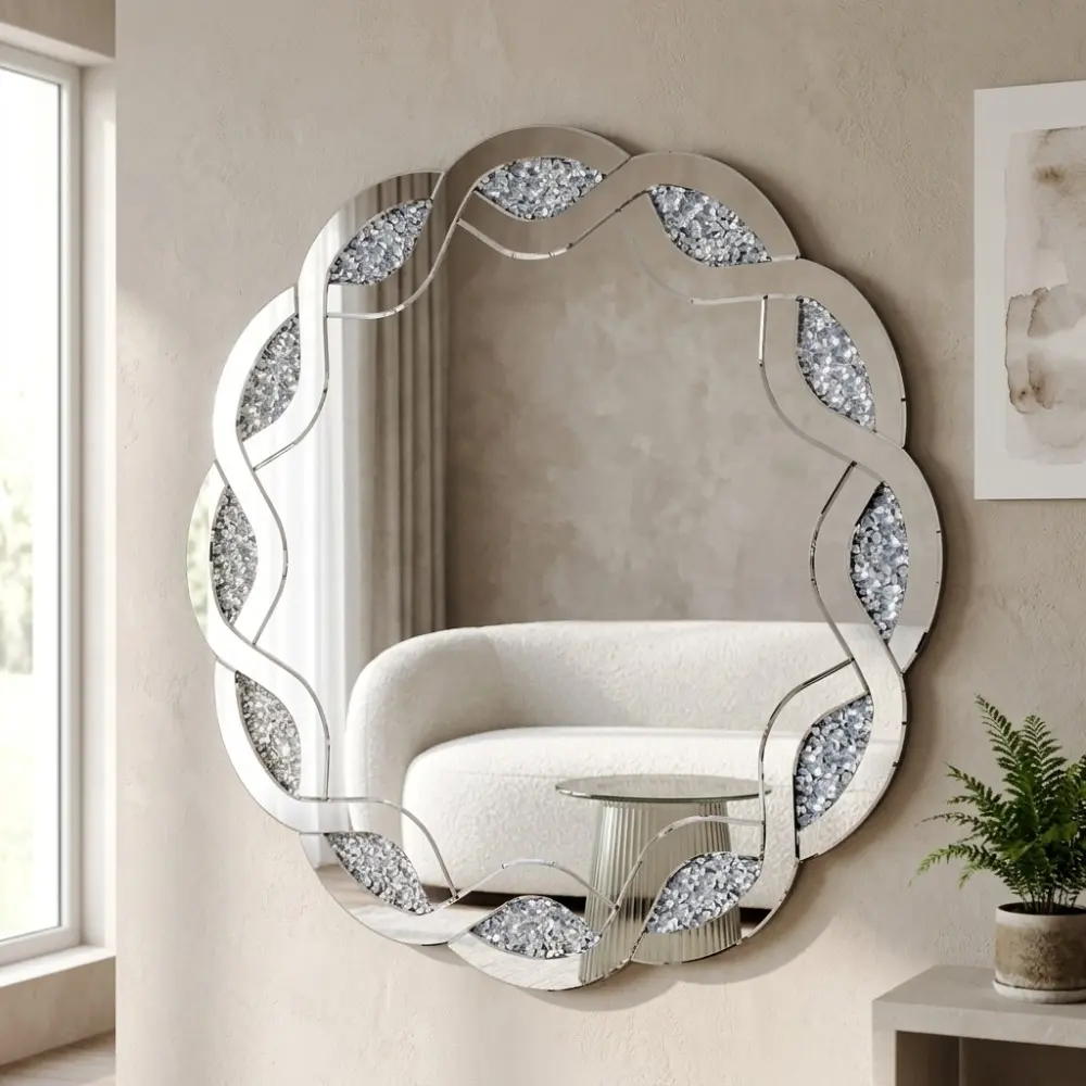 Littleox Silver Crush Diamond Round Wall Mirror, 31.5 Inch Wave Frame Decorative Mirror for Living Room, Bathroom, Bedroom, Hallway, Heavy Duty Frame with 2 Hangers