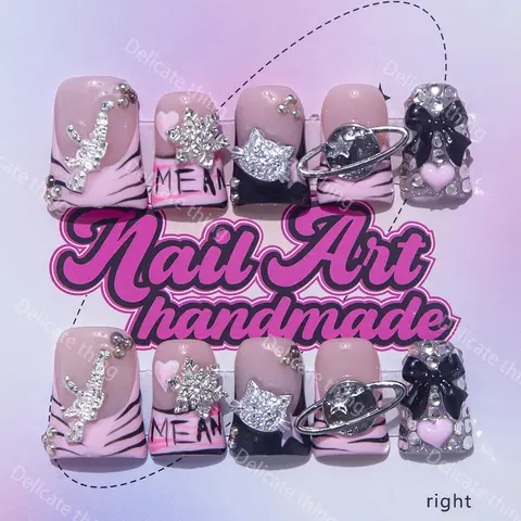 Delicatething Y2K Style Duckbill Press-On Nails, Handmade Wearable Nail Art, Handcrafted Quality, 3 Sizes (S/M/L), Snowflake, AK Gun, Planet & Bow Design, Perfect Gift for Girls