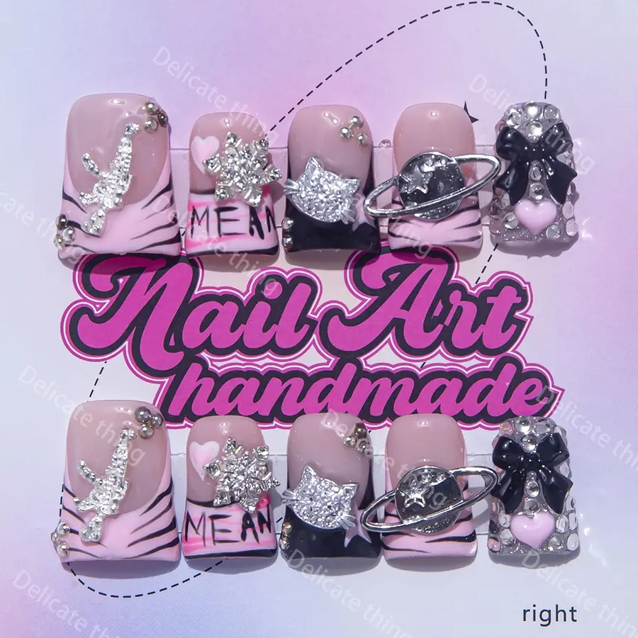 Delicatething Y2K Style Duckbill Nails, Handmade Wearable Nails, Decorative Nails, Nail Art Design, 3 Sizes S M L, Snowflake Ak Planet Bow Design, Perfect Gift for Girls