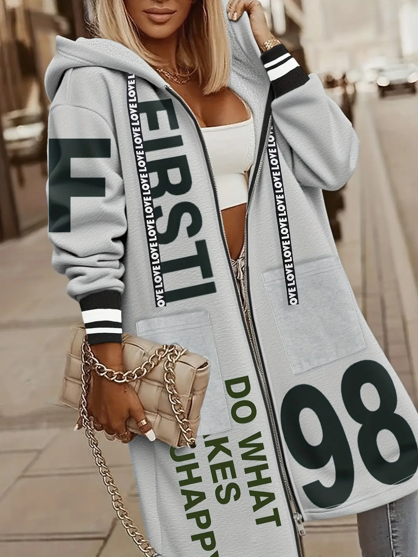 Women's Fall Winter Casual Hooded Boxy Zip Up Jacket with 'love' Drawstring, Zipper Design, Striped Cuffs, Pocket Detail, Print, Perfect for Daily Wear