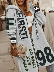 Women's Fall Winter Casual Hooded Jacket with 'love' Drawstring, Zipper Design, Striped Cuffs, Pocket Detail, Perfect for Daily Wear