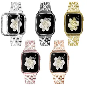 Wearable Bling Metal Durable Band  with Matching Bumper Case for Apple Watch Band Jewelry Rhinestone Diamond Bracelet iWatch Wristband  for Women