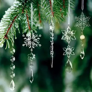 18pcs Crystal Christmas Tree Ornaments - Acrylic Snowflake Icicle Drop Decorations for Winter New Year Party Supplies - Utensils, Kitchen